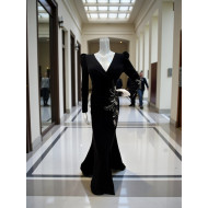 Black Velvet Evening Dress with Silver Embroidery