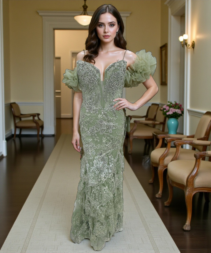 فستان سهرة أخضر فاتح مطرّز بالدانتيل والكريستالات – تصميم ملكي بأكمام ساقطه