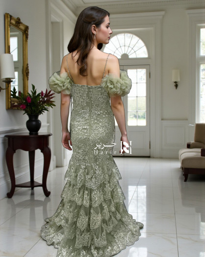 slim fit dress slacks Off-shoulder Long Sleeves Green Lace Prom Dresses, PD0760 – RomanBridal