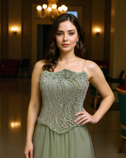 Olive Green Evening Dress with Embroidered Beaded Bodice -