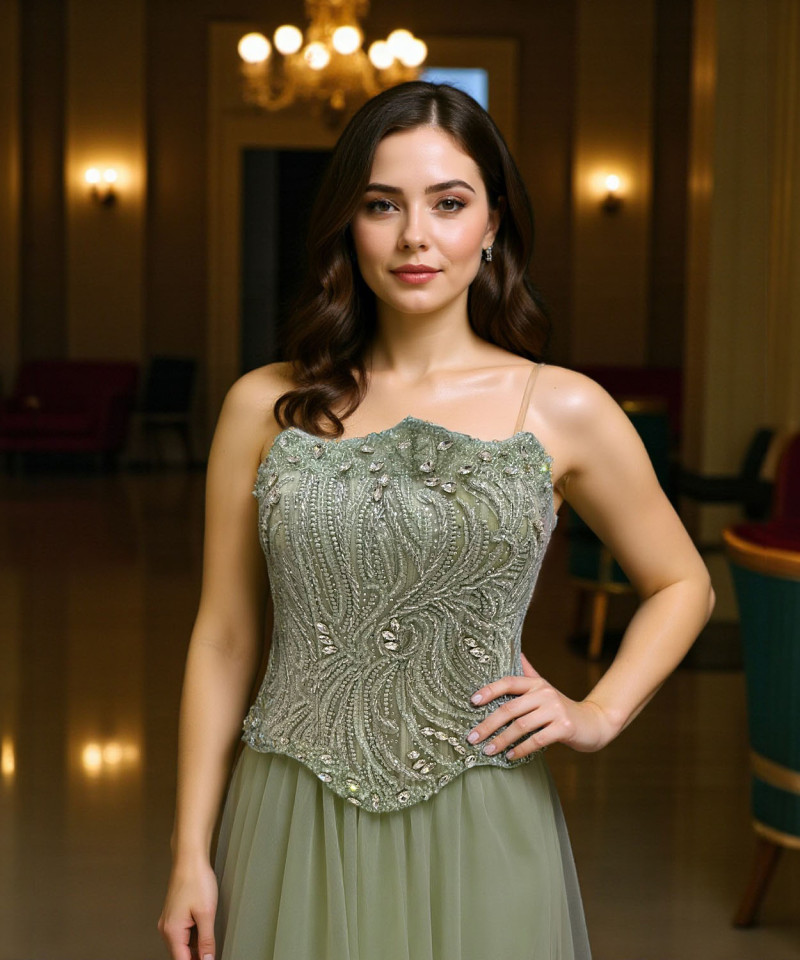 فستان سهرة أخضر زيتي بصدرية مطرزة وترتر لامع