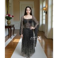 Black Fully Embellished Evening Gown with Flowing Cape Sleeves