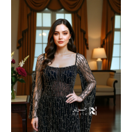 Black Fully Embellished Evening Gown with Flowing Cape Sleeves