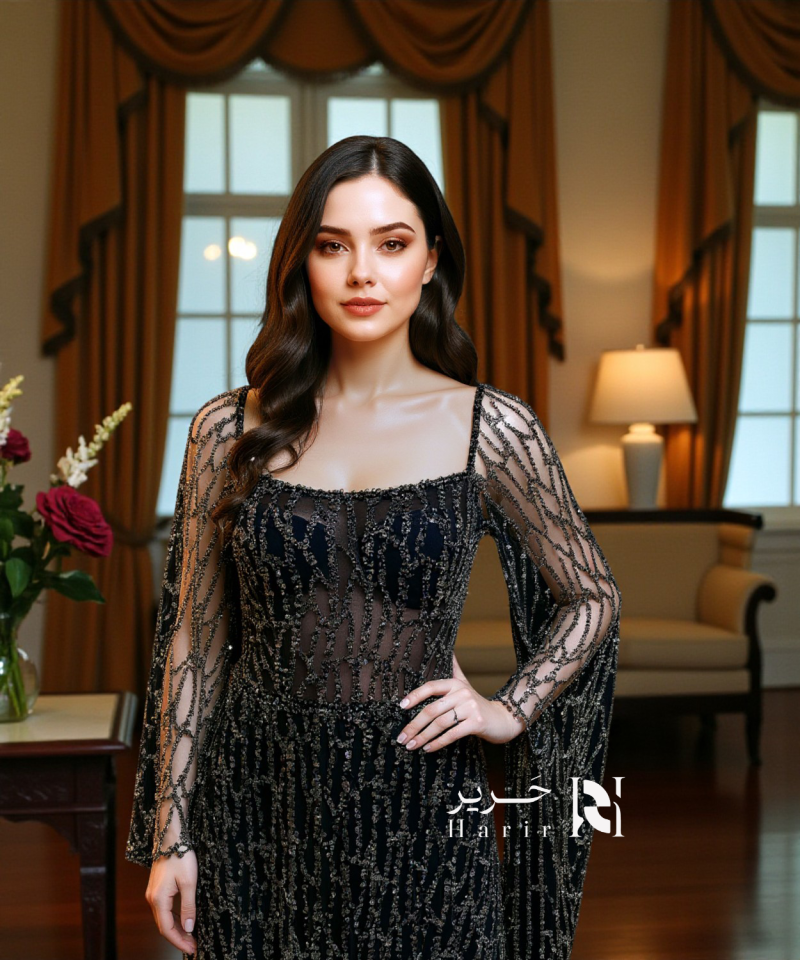 فستان سهرة أسود مطرّز بالكامل بأكمام شيفون منسدلة