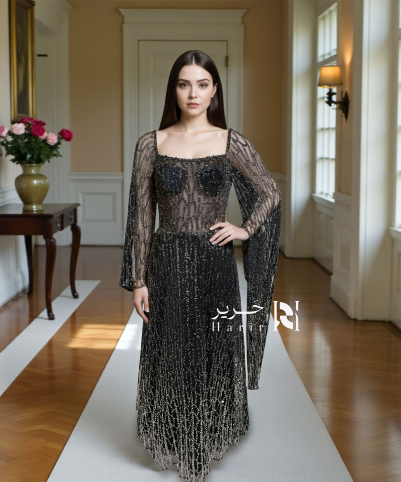 Black Fully Embellished Evening Gown with Flowing Cape Sleeves