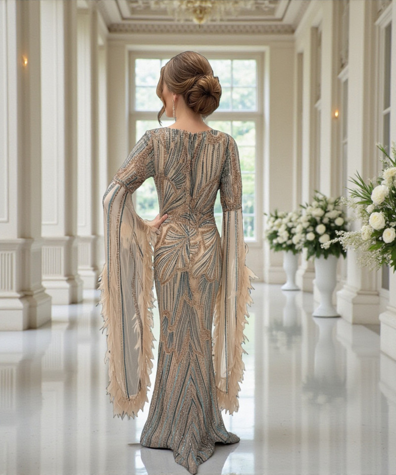 فستان سهرة مطرّز بالترتر بدرجات الشامبانيا والأزرق بقصّة صدر قلبية مع أكمام شفافة