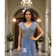 Blue Tulle Evening Dress with Embellished Details and Crossed V-Neckline