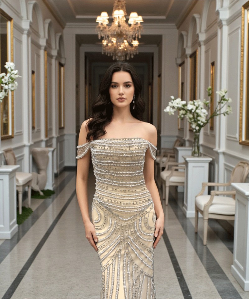 فستان سهرة شامبان مطرّز باللؤلؤ والكريستال بقصة صدر أوف شولدر أنيقة