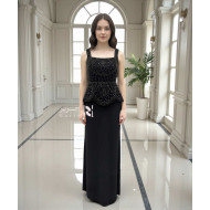 Black Beaded Evening Gown Square Neckline with Elegant Full