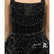 Black Beaded Evening Gown Square Neckline with Elegant Full