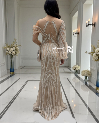 Champagne Embroidered Evening Dress with an Elegant Design and a Wrap-Style  Neckline -