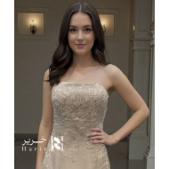 Champagne Evening Dress with Lace Embroidery, Straight Neckline & Corset Back