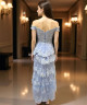 Silver Soft Grey Blue Dress with Lace Embroidery – Sweetheart Neckline & Off-Shoulder Design