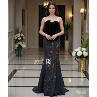Black Evening Gown with Corset Bodice and Luxury Floral Embroidery with Lace-Up Back