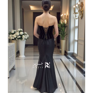 Black Evening Gown with Corset Bodice and Luxury Floral Embroidery with Lace-Up Back
