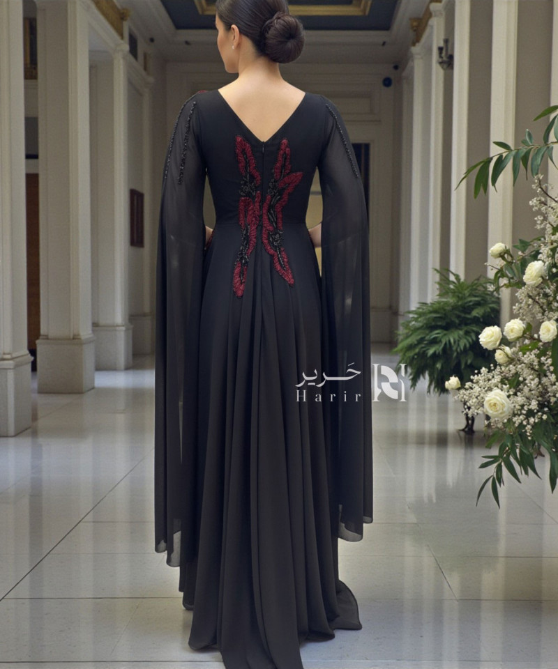 Black Evening Gown with Burgundy Floral Embroidery and Flowing Chiffon Sleeves