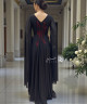 Black Evening Gown with Burgundy Floral Embroidery and Flowing Chiffon Sleeves