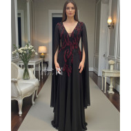 Black Evening Gown with Burgundy Floral Embroidery and Flowing Chiffon Sleeves