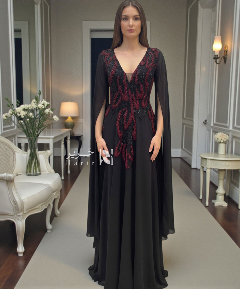 Black Evening Gown with Burgundy Floral Embroidery and Flowing Chiffon Sleeves