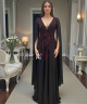 Black Evening Gown with Burgundy Floral Embroidery and Flowing Chiffon Sleeves