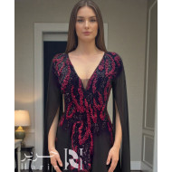 Black Evening Gown with Burgundy Floral Embroidery and Flowing Chiffon Sleeves