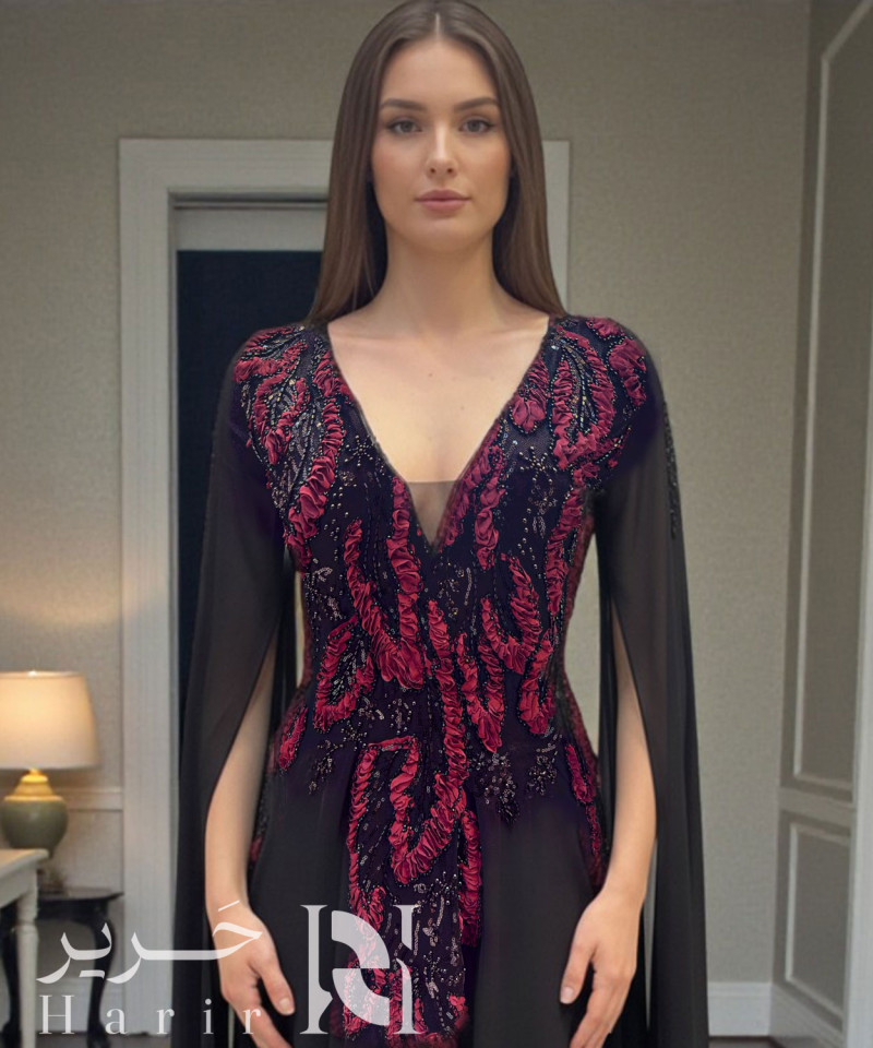 Black Evening Gown with Burgundy Floral Embroidery and Flowing Chiffon Sleeves