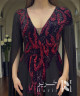 Black Evening Gown with Burgundy Floral Embroidery and Flowing Chiffon Sleeves