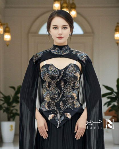 black formal dress with cape Final Sale Luxury Black Short Muslim Long Sleeves Evening Dress SS212