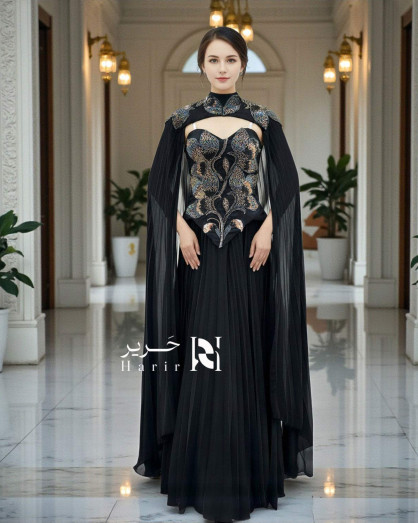 Black Evening Dress with Luxurious Crystal Embroidery and Chiffon Cape -