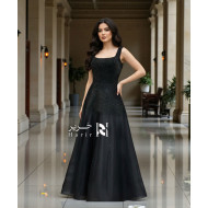 Black Evening Dress with Delicate Embellishment and Lace-Up Back
