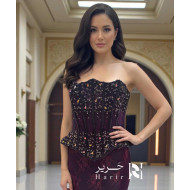Burgundy Crystal Corset Evening Dress – Strapless Royal Design