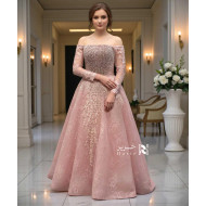 Blush Pink Lace Embroidered Evening Dress – Off-Shoulder Long Sleeve Design