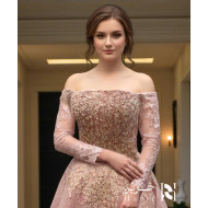 Blush Pink Lace Embroidered Evening Dress – Off-Shoulder Long Sleeve Design