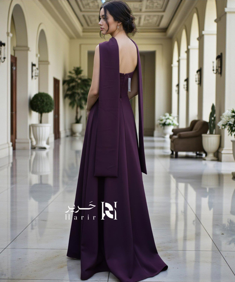 Dark Purple Strapless Evening Dress with Long Cape – Royal Minimal Design