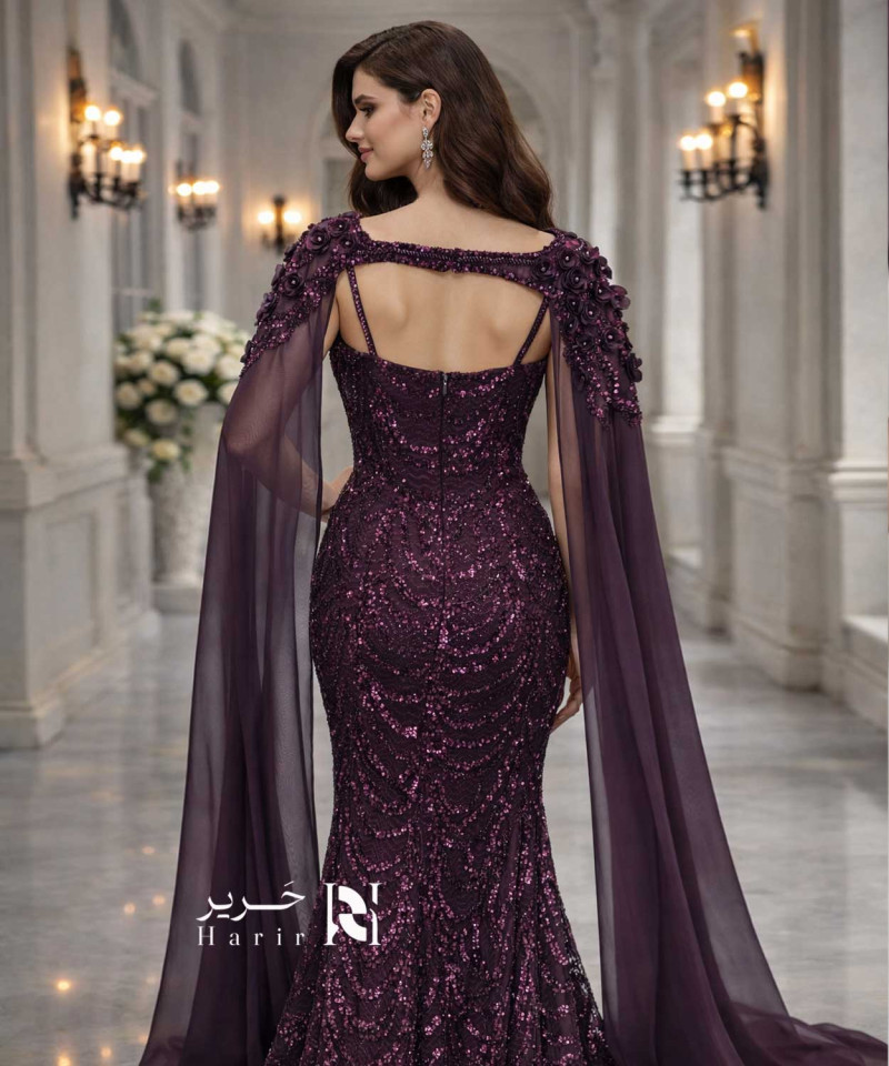 Dark Purple Sequin Evening Dress – Sweetheart Neckline with Long Chiffon Cape