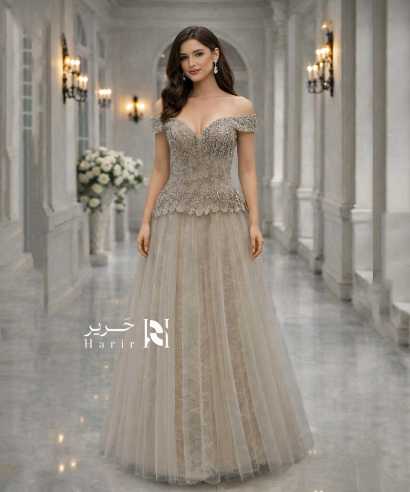 Pearl Silver Evening Dress in Tulle & Embroidered Lace with Crystal Details – Sweetheart Off-Shoulder Neckline