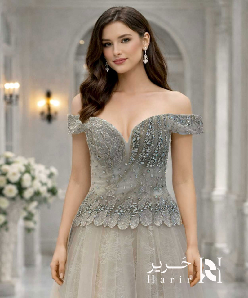 Pearl Silver Evening Dress in Tulle & Embroidered Lace with Crystal Details – Sweetheart Off-Shoulder Neckline