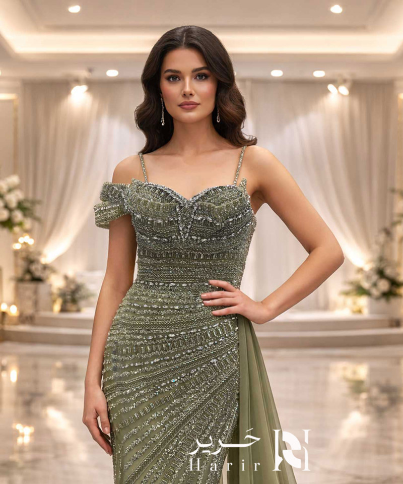 Olive Green Crystal Embellished Evening Gown – Sweetheart Neckline with Off-Shoulder Detail & Side Chiffon Cape