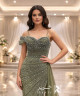 Olive Green Crystal Embellished Evening Gown – Sweetheart Neckline with Off-Shoulder Detail & Side Chiffon Cape