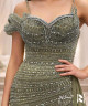 Olive Green Crystal Embellished Evening Gown – Sweetheart Neckline with Off-Shoulder Detail & Side Chiffon Cape