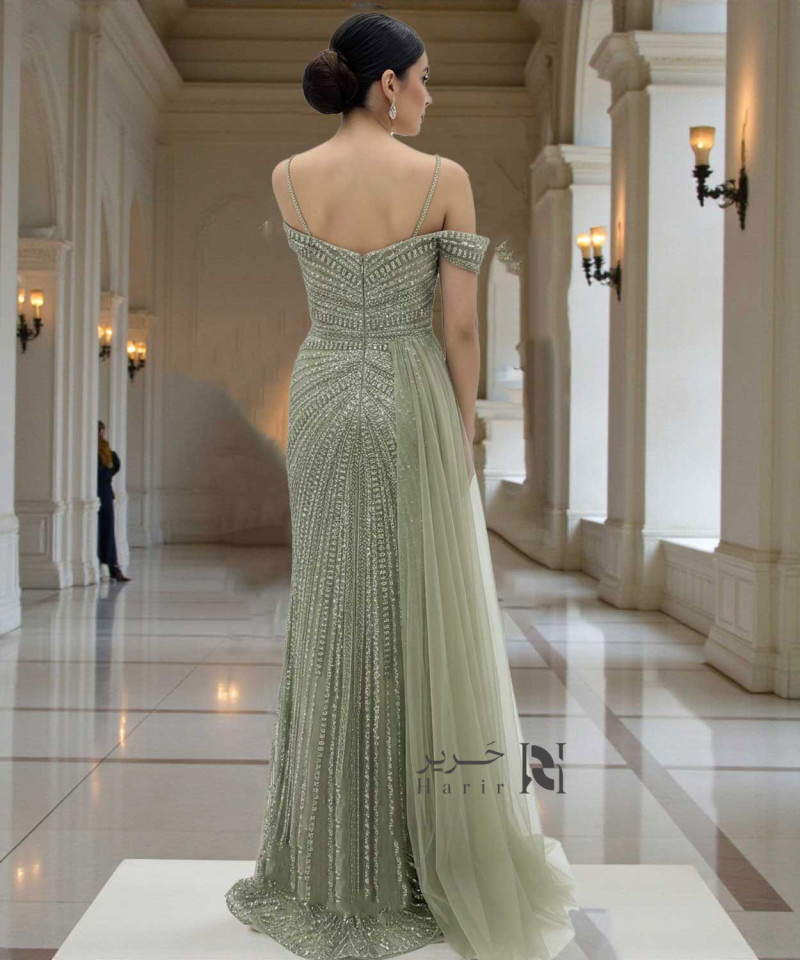 Olive Green Crystal Embellished Evening Gown – Sweetheart Neckline with Off-Shoulder Detail & Side Chiffon Cape