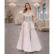 Blush Pink Evening Dress – Luxury 3D Lace with Off-Shoulder Neckline