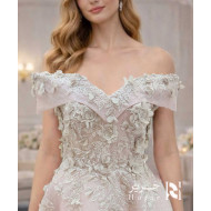 Blush Pink Evening Dress – Luxury 3D Lace with Off-Shoulder Neckline