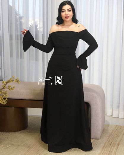 Black Evening Dress with Off-Shoulder and Bell Sleeves - Black Evening Dress with Off-Shoulder and Bell Sleeves -