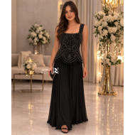 Black Evening Dress – Luxury Crepe with Crystal Embroidery & Square Neckline