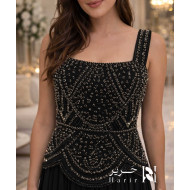 Black Evening Dress – Luxury Crepe with Crystal Embroidery & Square Neckline