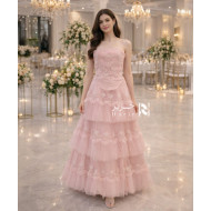 Blush Pink Evening Dress with Embroidered Tulle Layers