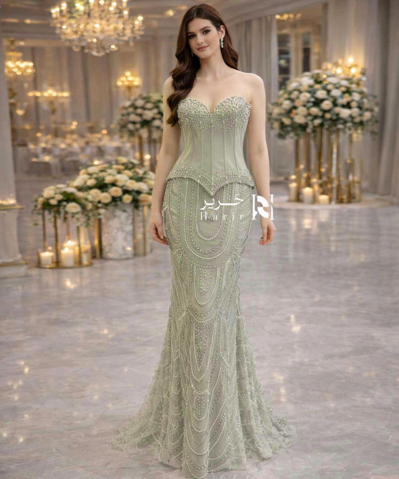 Light Olive Green Evening Dress – Crystal Embellished Corset with Sweetheart Neckline