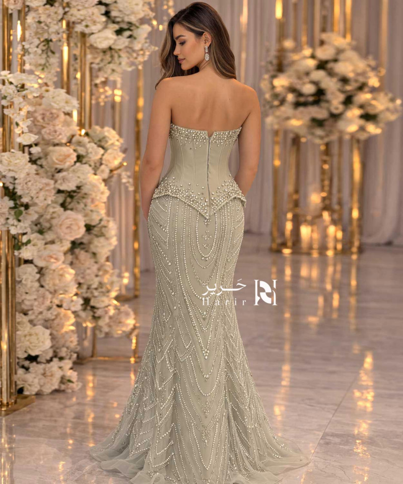 Light Olive Green Evening Dress – Crystal Embellished Corset with Sweetheart Neckline