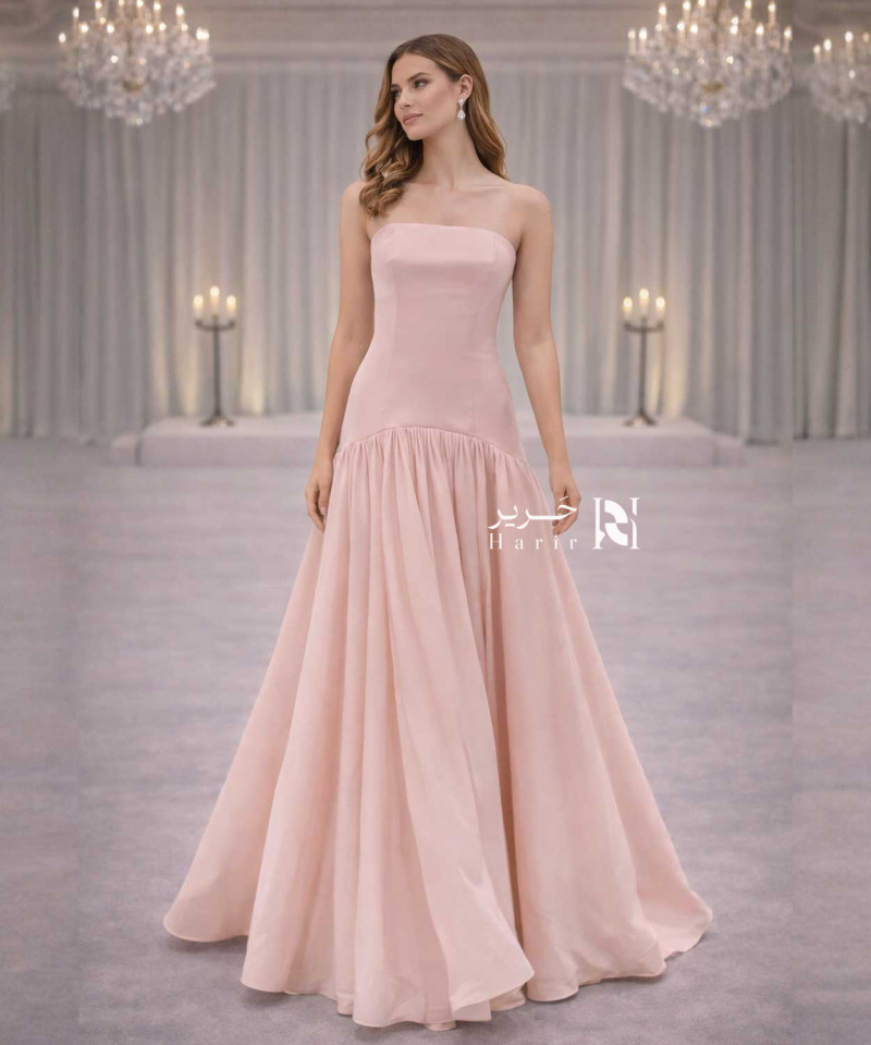 Light Pink Evening Dress – Luxury Satin Strapless with Flared Flowing Skirt